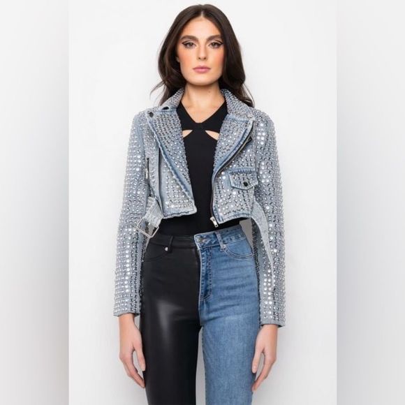 - AZALEA WANG GAZETTE 3000 STUDS MOTO JACKET IN DENIM NWT MULTIPLE - Picture 9 of 11